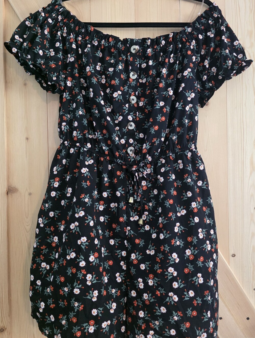 Women's Black Floral Off-Shoulder Dress with Red & White Flower Print